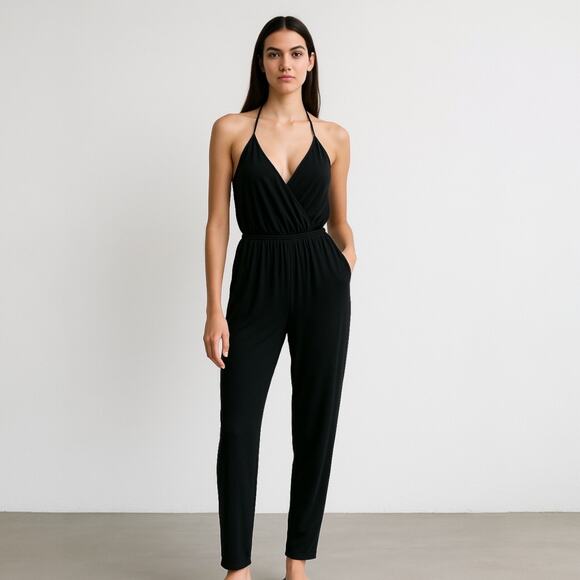 Lulus Learning to Fly Black Halter Sleeveless V Neck Faux Wrap Jumpsuit Size S - Picture 1 of 7